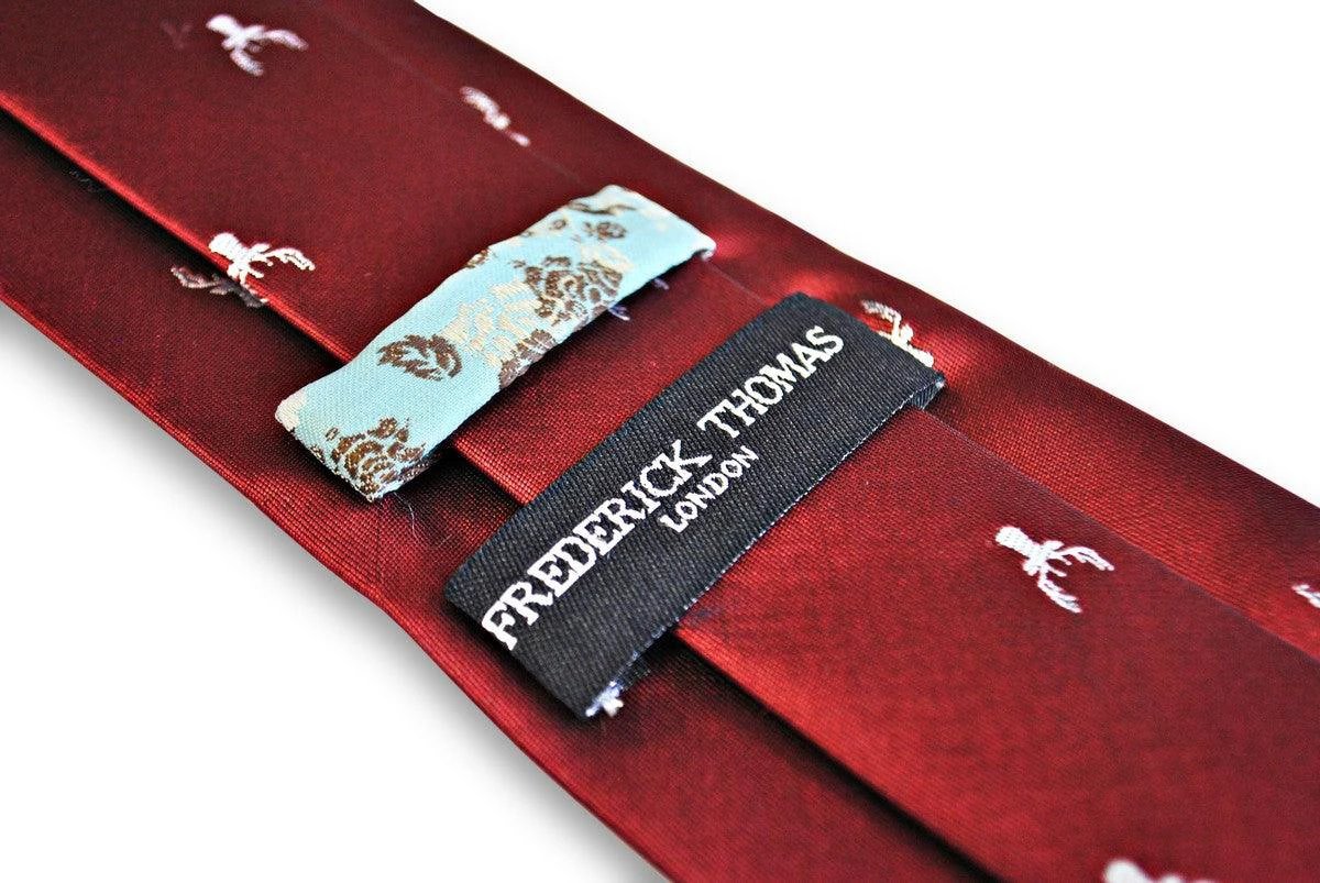 burgundy tie with white stag deer head silhouette design by Frederick Thomas Handmade Mens Ties