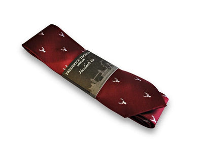 burgundy tie with white stag deer head silhouette design by Frederick Thomas Handmade Mens Ties