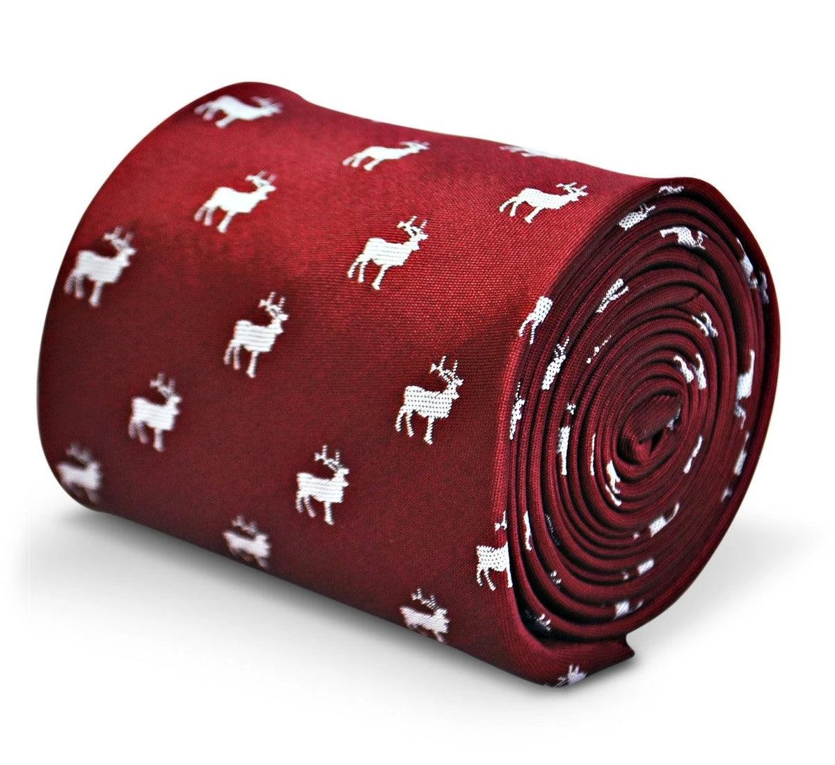 maroon red tie with white stag deer silhouette design by Frederick Thomas Handmade Mens Ties
