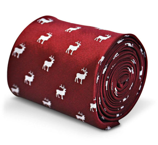 maroon red tie with white stag deer silhouette design by Frederick Thomas Handmade Mens Ties