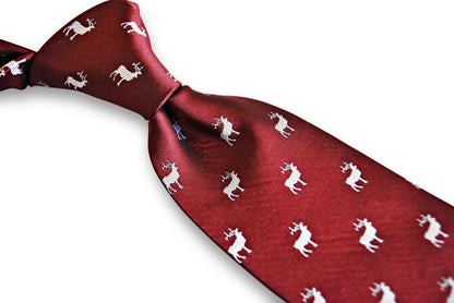maroon red tie with white stag deer silhouette design by Frederick Thomas Handmade Mens Ties