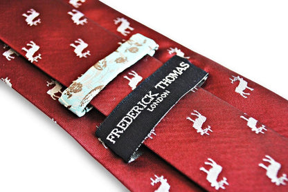 maroon red tie with white stag deer silhouette design by Frederick Thomas Handmade Mens Ties