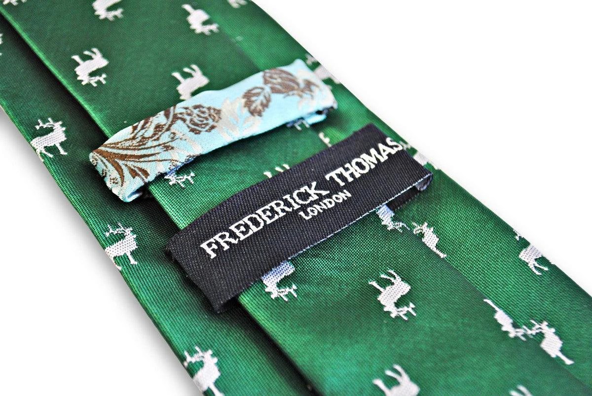 green tie with white stag deer silhouette design by Frederick Thomas Handmade Mens Ties