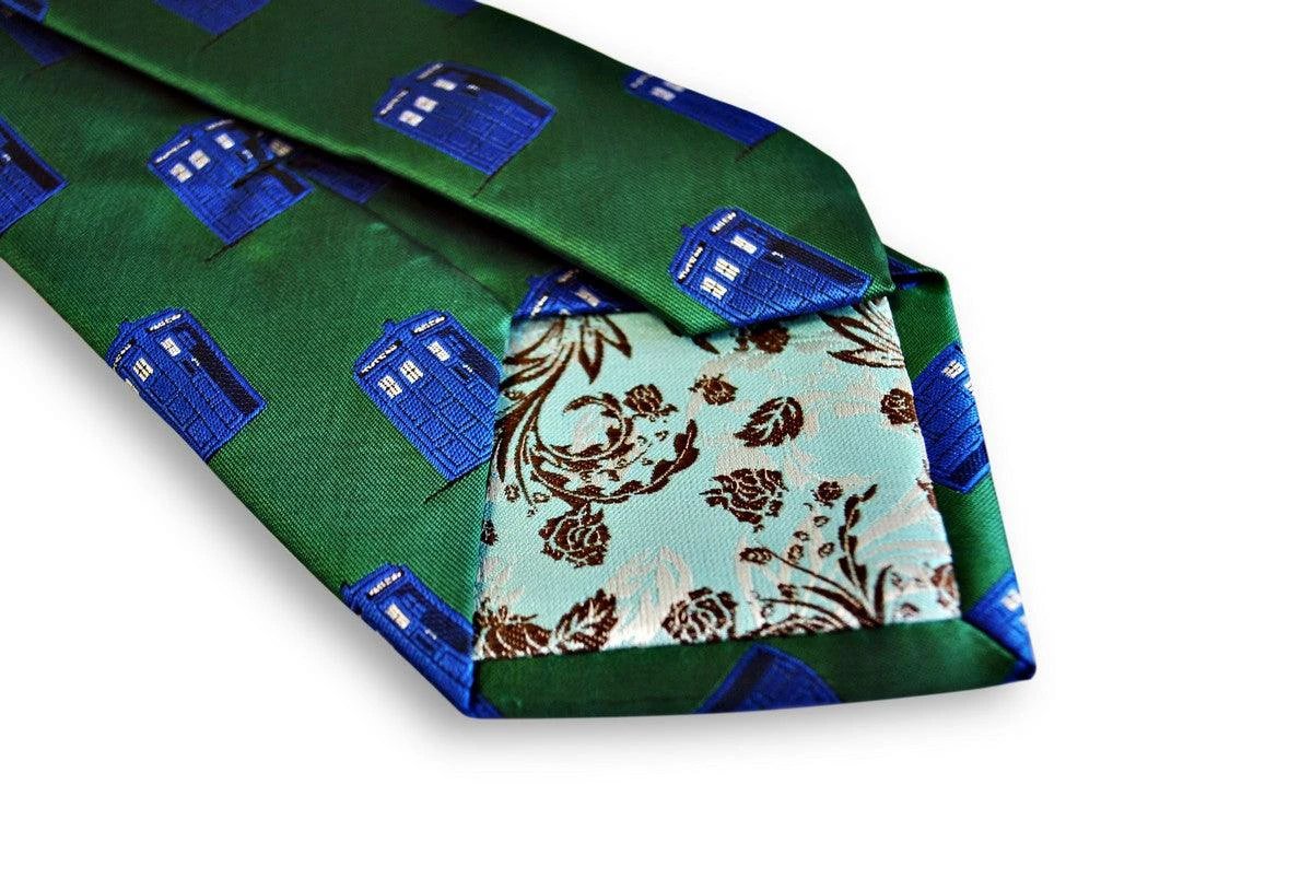 green tie with doctor who tardis phonebox design by Frederick Thomas Handmade Mens Ties