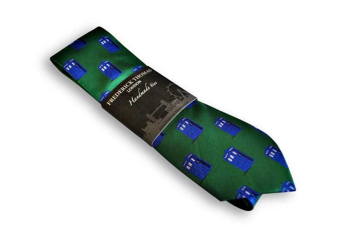 green tie with doctor who tardis phonebox design by Frederick Thomas Handmade Mens Ties