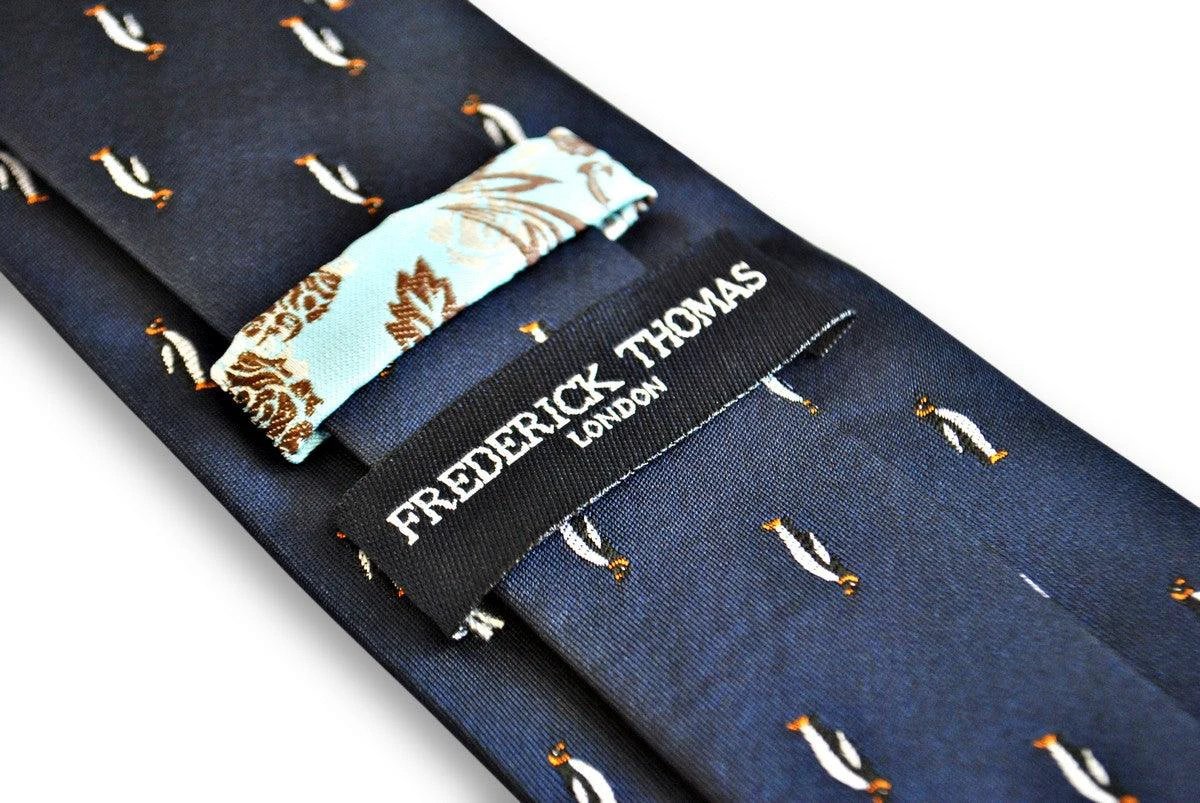 navy tie with penguin design by Frederick Thomas Handmade Mens Ties