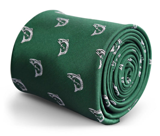 Dark Green Tie With Trout Fish Design - Handmade Luxury Accessory For The Professional Man by Frederick Thomas Handmade Mens Ties