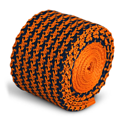 navy and orange dogtooth design knitted tie by Frederick Thomas Handmade Mens Ties