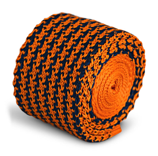 navy and orange dogtooth design knitted tie by Frederick Thomas Handmade Mens Ties