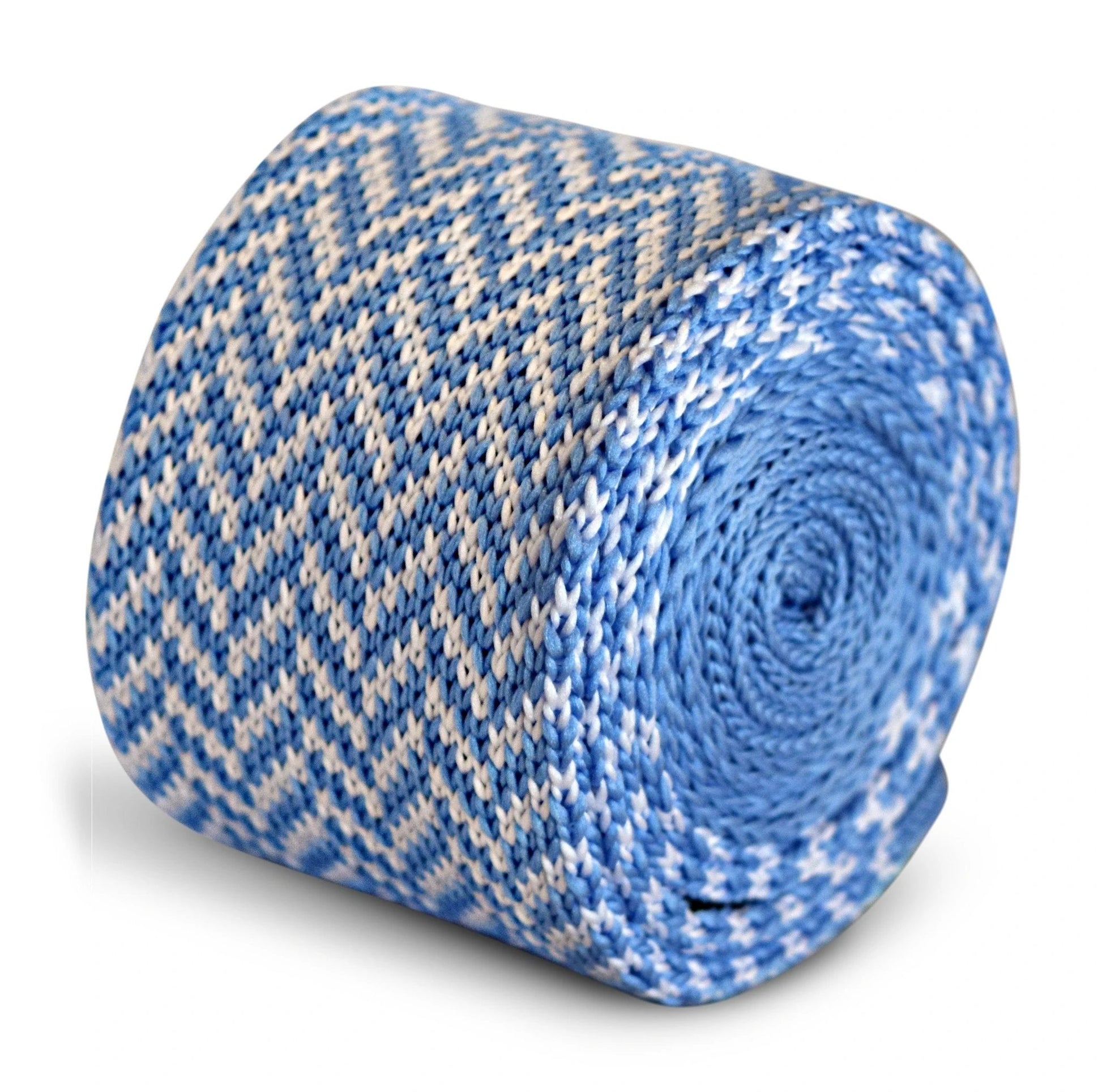 light blue and white herringbone knitted tie by Frederick Thomas Handmade Mens Ties
