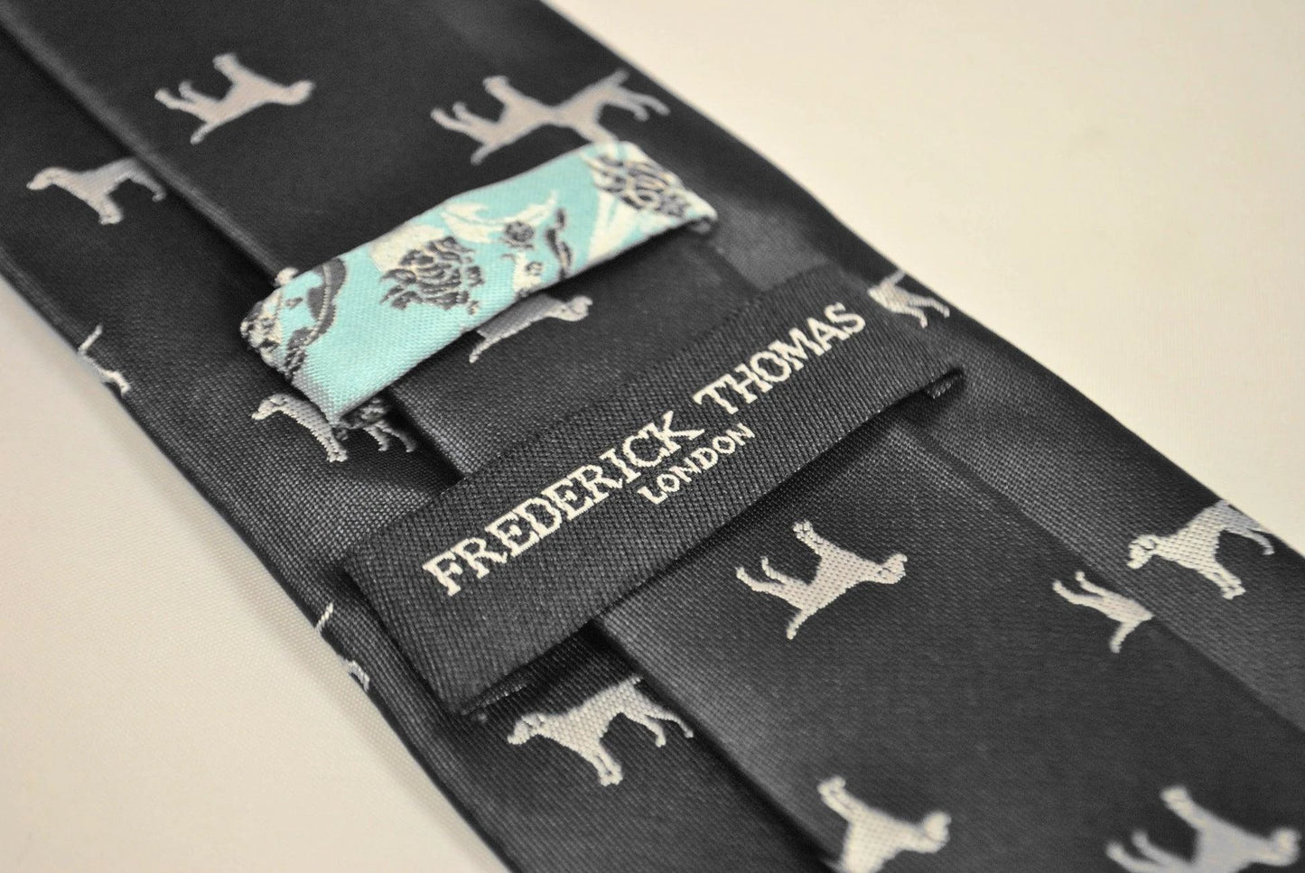 black tie with white dog silhouette design by Frederick Thomas Handmade Mens Ties