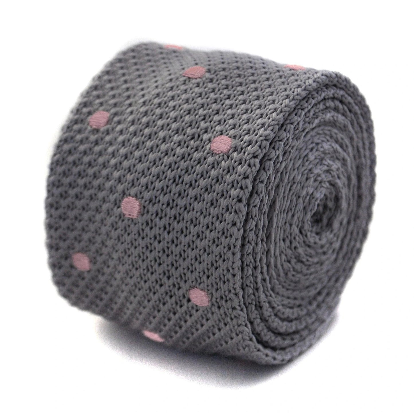 grey skinny knitted tie with pink polka dots by Frederick Thomas Handmade Mens Ties