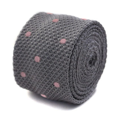 grey skinny knitted tie with pink polka dots by Frederick Thomas Handmade Mens Ties