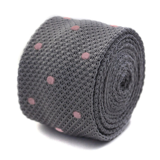 grey skinny knitted tie with pink polka dots by Frederick Thomas Handmade Mens Ties