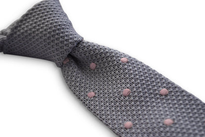 grey skinny knitted tie with pink polka dots by Frederick Thomas Handmade Mens Ties
