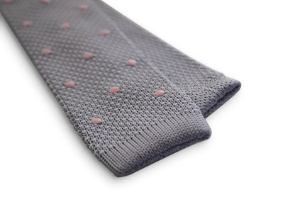 grey skinny knitted tie with pink polka dots by Frederick Thomas Handmade Mens Ties