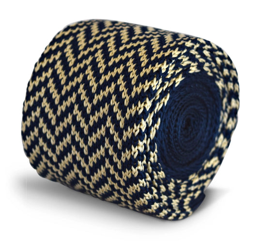 navy blue and ivory cream herringbone knitted tie by Frederick Thomas Handmade Mens Ties