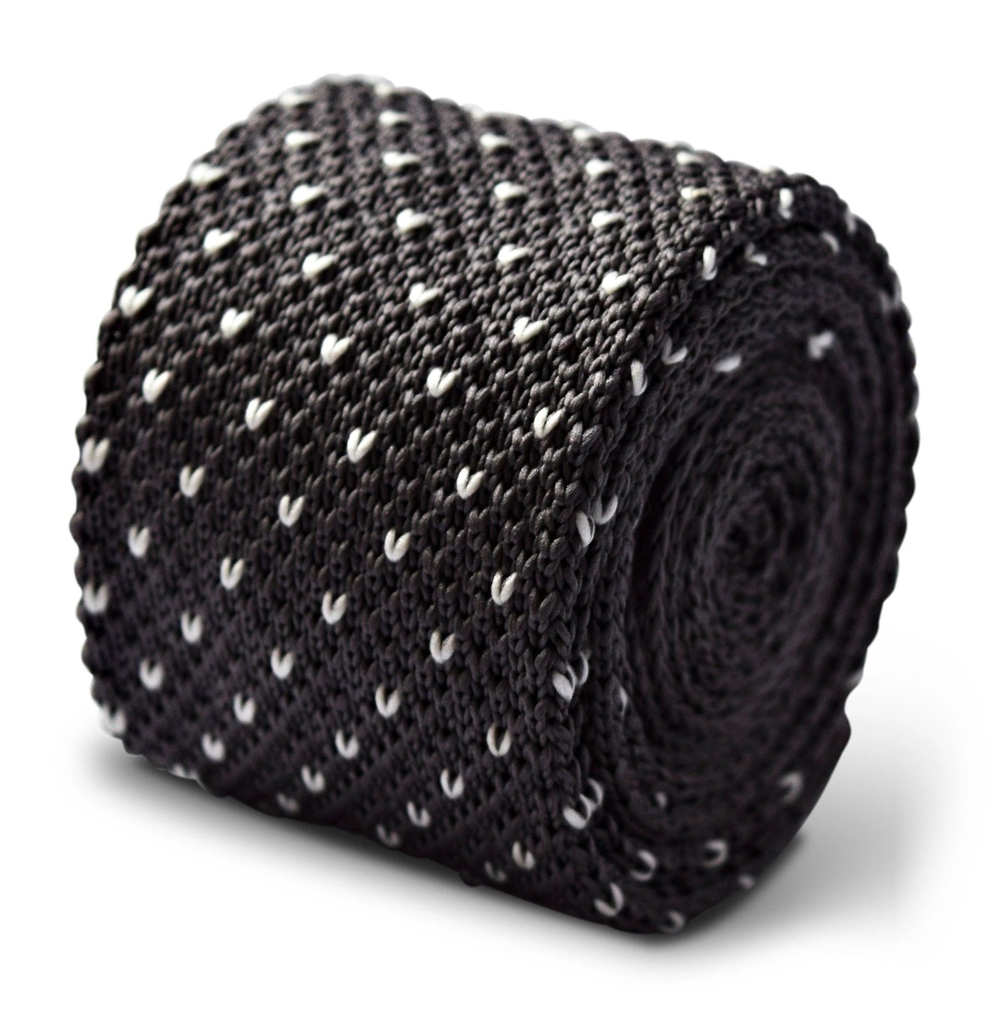 Grey Skinny Knitted Tie with White Pin Spots by Frederick Thomas Handmade Mens Ties