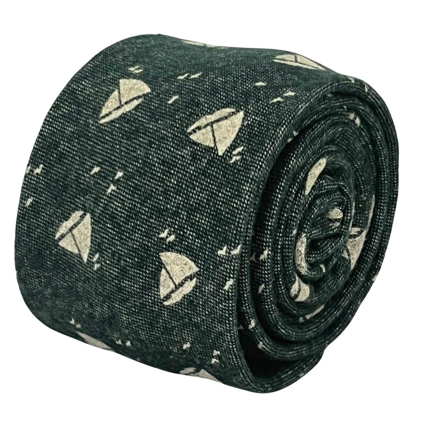 dark forest with cream sailing boat design cotton tie by Frederick Thomas Handmade Mens Ties