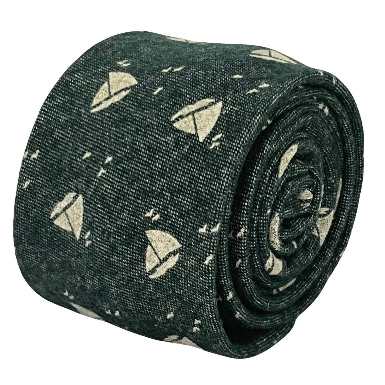 dark forest with cream sailing boat design cotton tie by Frederick Thomas Handmade Mens Ties