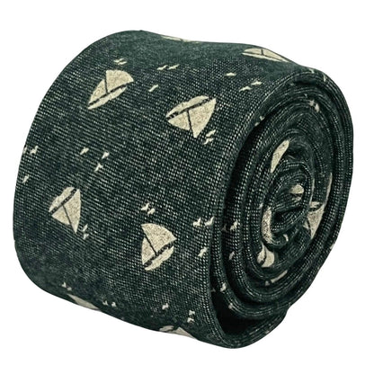 dark forest with cream sailing boat design cotton tie by Frederick Thomas Handmade Mens Ties