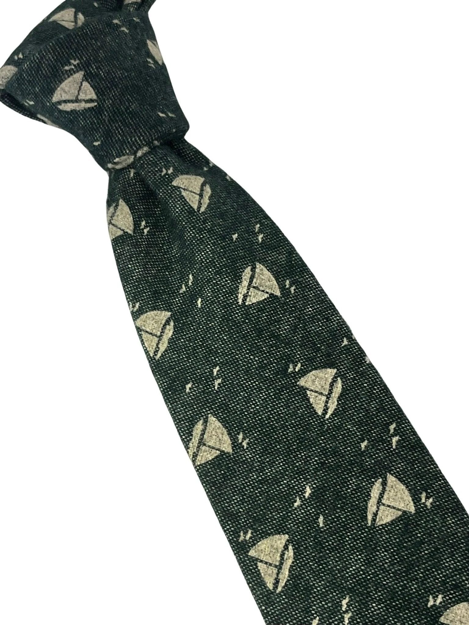 dark forest with cream sailing boat design cotton tie by Frederick Thomas Handmade Mens Ties