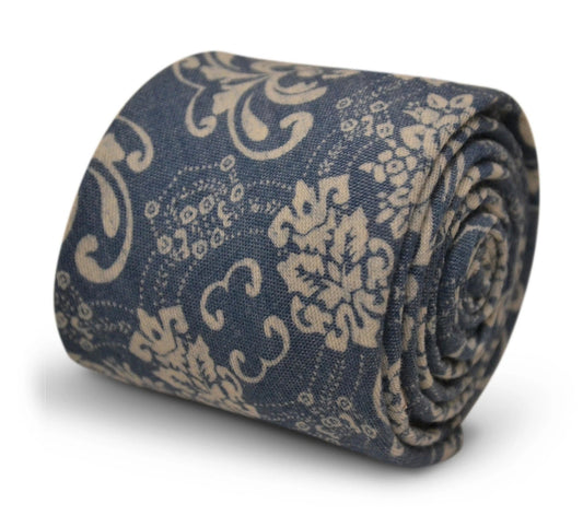 Denim Medium Blue Cotton Tie With White Damask Floral Design - Handmade Craftsmanship For The Luxury Professional Look by Frederick Thomas Handmade Mens Ties