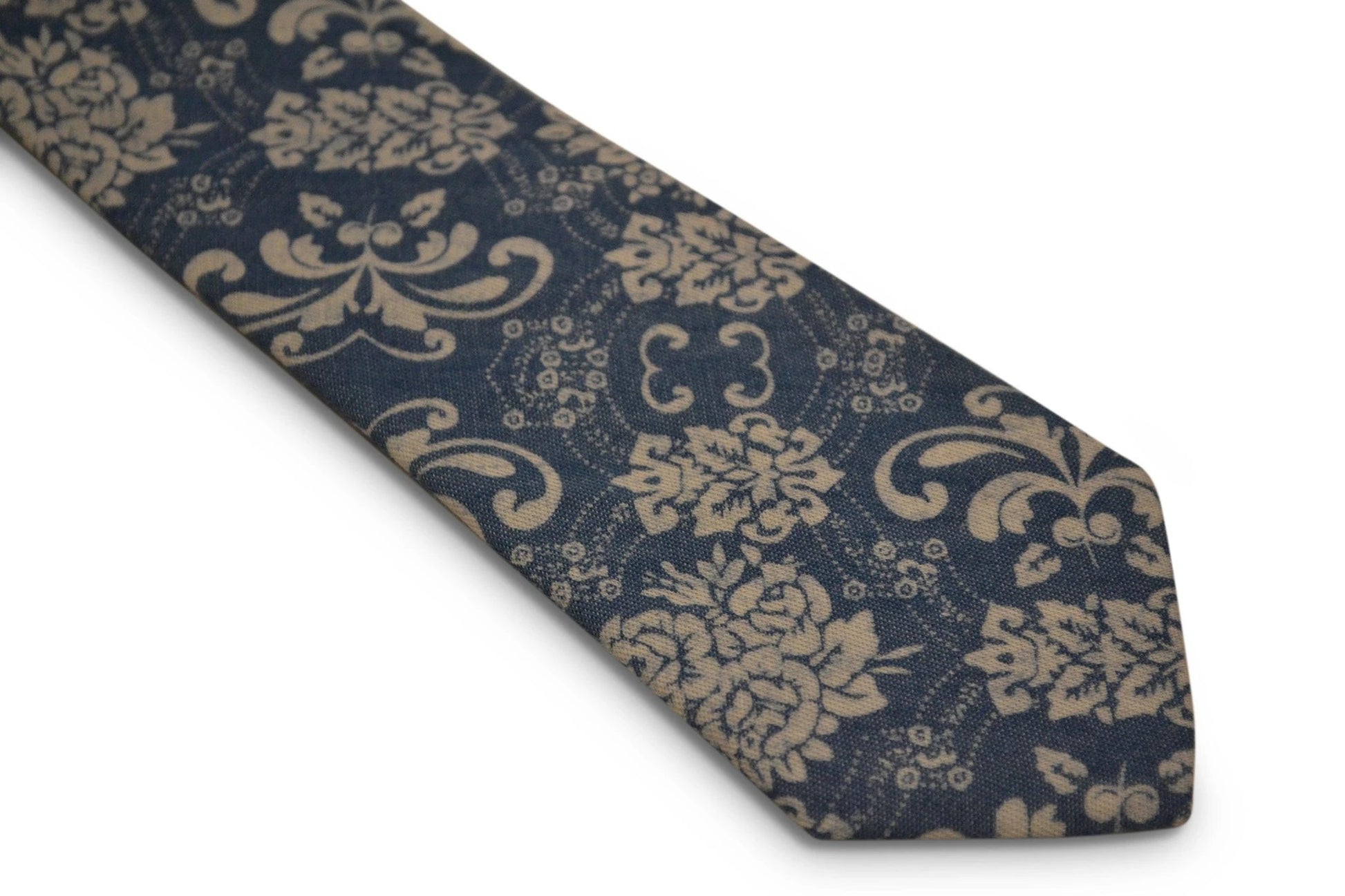 Denim Medium Blue Cotton Tie With White Damask Floral Design - Handmade Craftsmanship For The Luxury Professional Look by Frederick Thomas Handmade Mens Ties