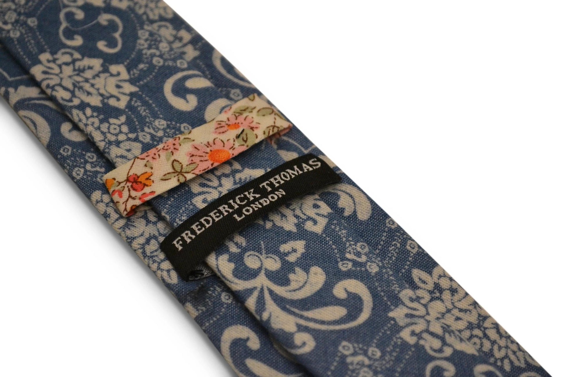 Denim Medium Blue Cotton Tie With White Damask Floral Design - Handmade Craftsmanship For The Luxury Professional Look by Frederick Thomas Handmade Mens Ties