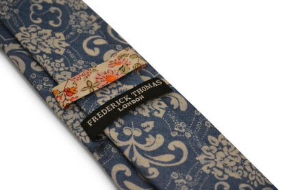 Denim Medium Blue Cotton Tie With White Damask Floral Design - Handmade Craftsmanship For The Luxury Professional Look by Frederick Thomas Handmade Mens Ties