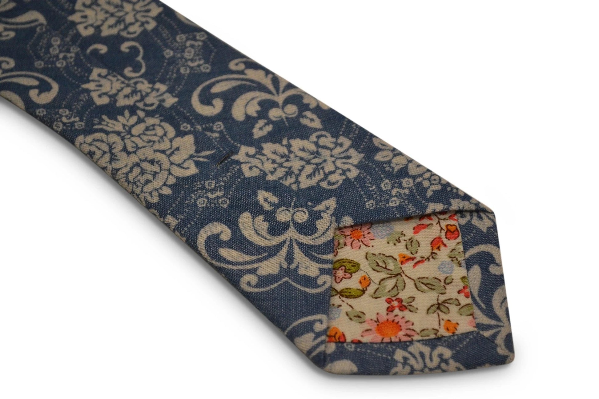 Denim Medium Blue Cotton Tie With White Damask Floral Design - Handmade Craftsmanship For The Luxury Professional Look by Frederick Thomas Handmade Mens Ties