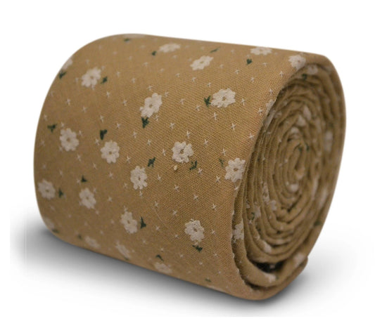 light coffee brown with white floral design cotton tie by Frederick Thomas Handmade Mens Ties