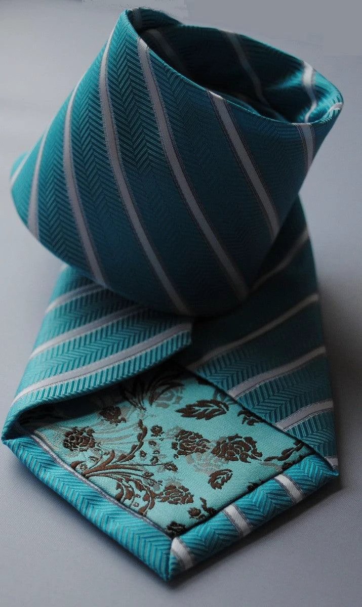 aqua turquoise and white striped tie by Frederick Thomas Handmade Mens Ties