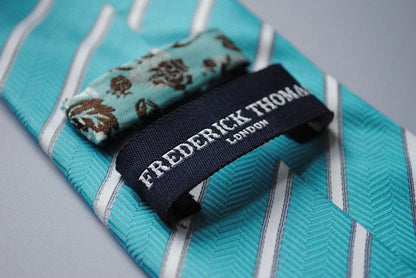 aqua turquoise and white striped tie by Frederick Thomas Handmade Mens Ties