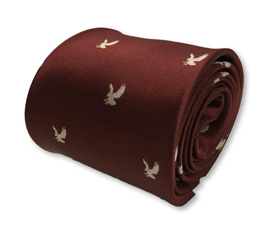 Maroon Burgundy Tie With Eagle Print Design - Handmade By Frederick Thomas Showcasing Signature Floral Rear Detail by Frederick Thomas Handmade Mens Ties