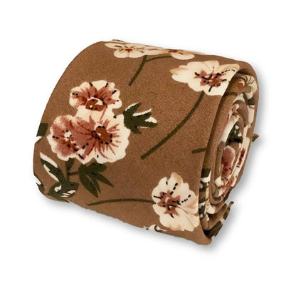 coffee brown with blush pink floral design cotton tie by Frederick Thomas Handmade Mens Ties