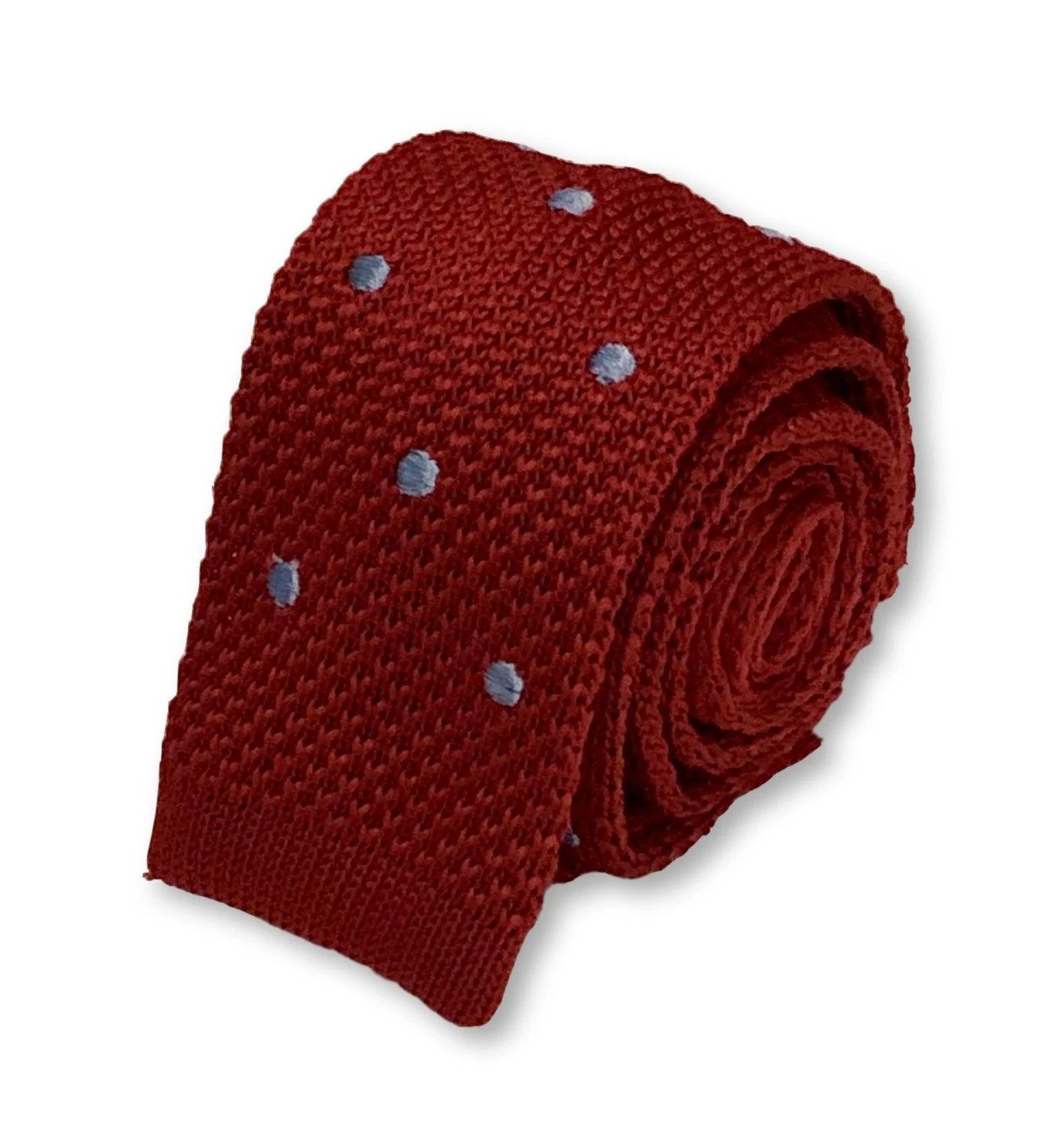 Dark Red And Baby Light Blue Spotted Knitted Tie - Handmade Texture For Modern Professionals by Frederick Thomas Handmade Mens Ties