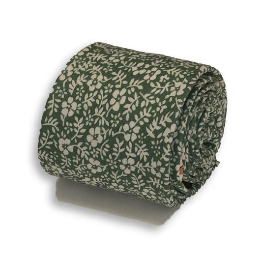 Forest Green Cotton Tie With White Floral Design - Handmade Luxury For Quiet Sophistication by Frederick Thomas Handmade Mens Ties