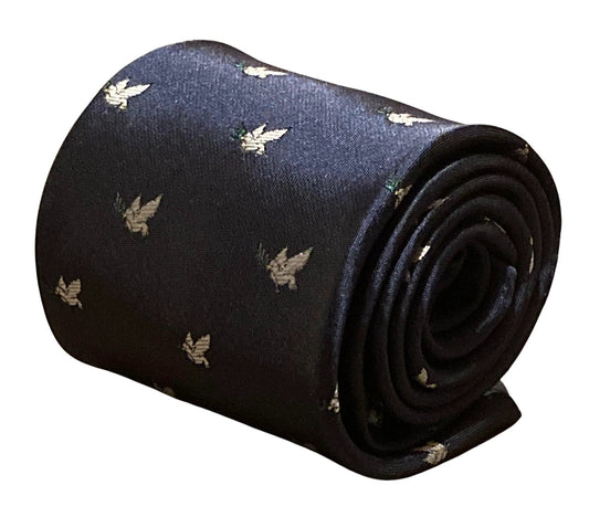 navy blue mens tie with white dove embroidered peace design by Frederick Thomas Handmade Mens Ties