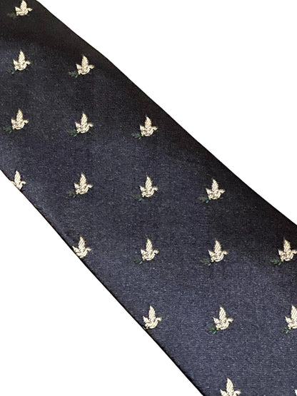 navy blue mens tie with white dove embroidered peace design by Frederick Thomas Handmade Mens Ties