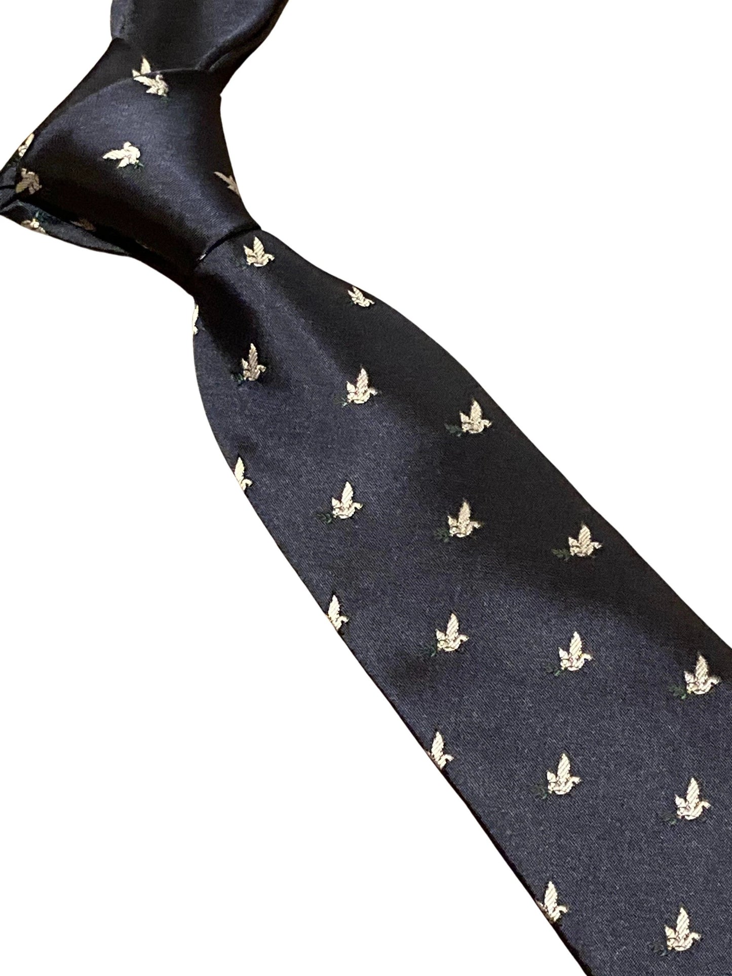 navy blue mens tie with white dove embroidered peace design by Frederick Thomas Handmade Mens Ties