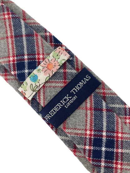 light pale grey, navy & red check mens cotton tie by Frederick Thomas Handmade Mens Ties
