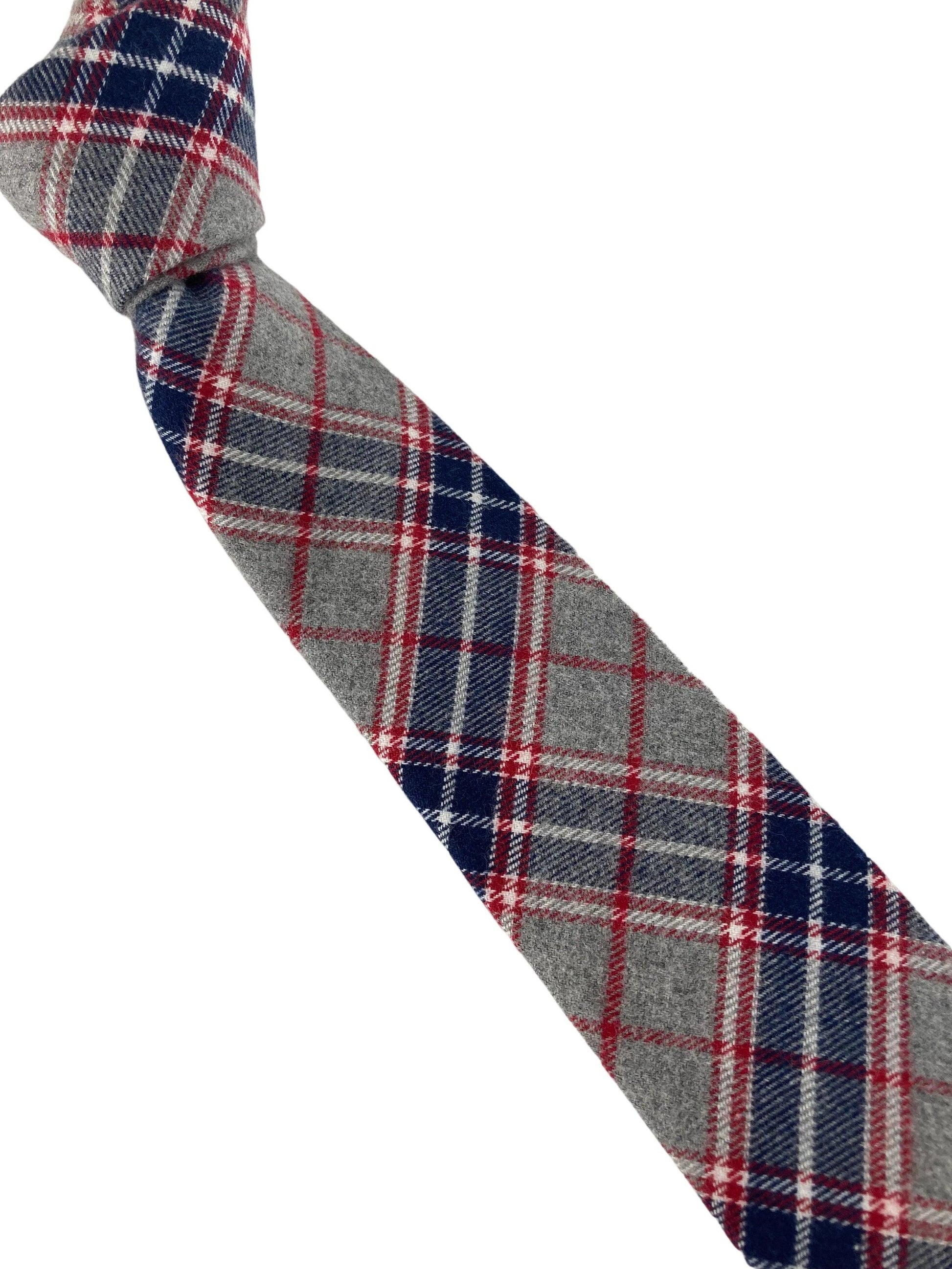 light pale grey, navy & red check mens cotton tie by Frederick Thomas Handmade Mens Ties