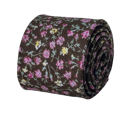 brown with pink floral design mens classic width 100% cotton tie by Frederick Thomas Handmade Mens Ties