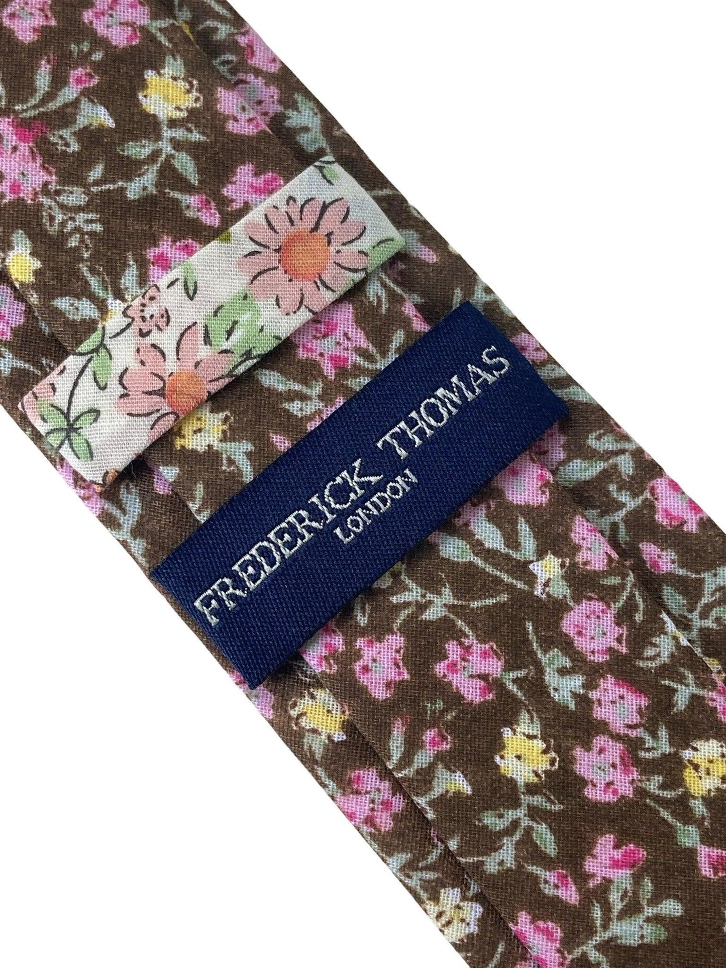 brown with pink floral design mens classic width 100% cotton tie by Frederick Thomas Handmade Mens Ties
