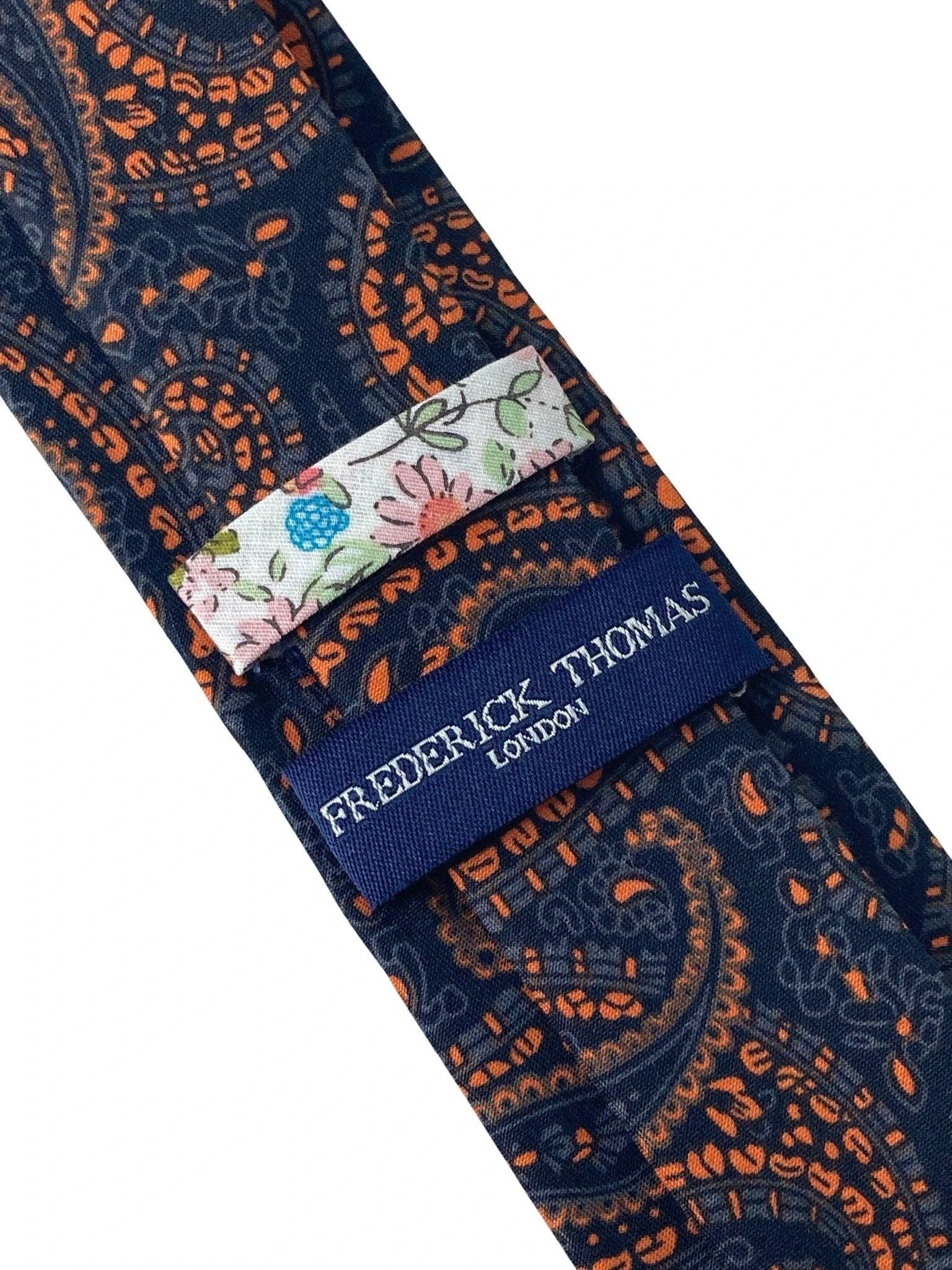 Black And Orange Paisley Cotton Tie For The Luxury Professional - Handmade With Contemporary Colourway Edge by Frederick Thomas Handmade Mens Ties