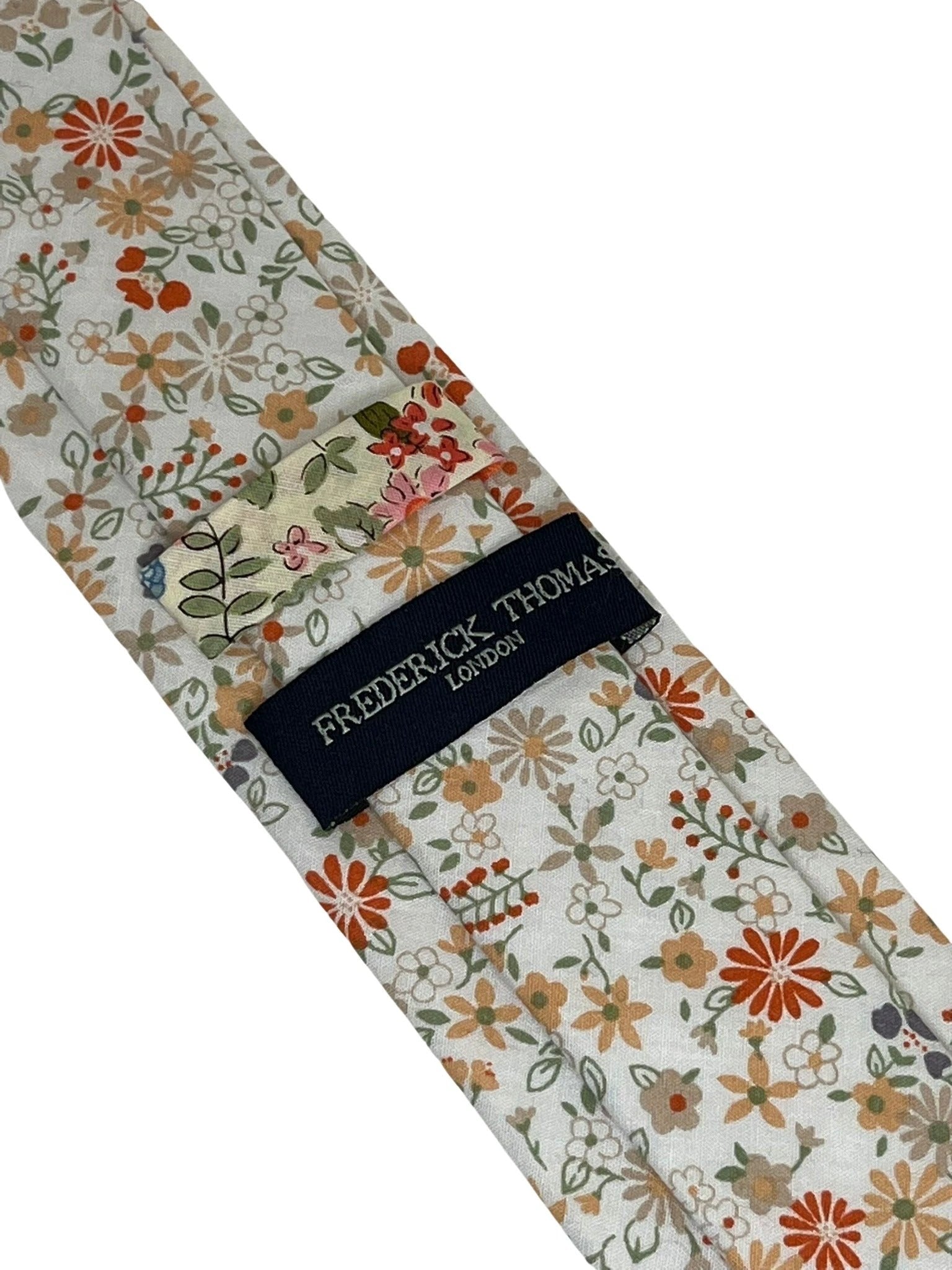 Ivory White Men’s Cotton Tie With Mustard Yellow And Red Floral Design - Handcrafted Floral Elegance For Formal Wear by Frederick Thomas Handmade Mens Ties