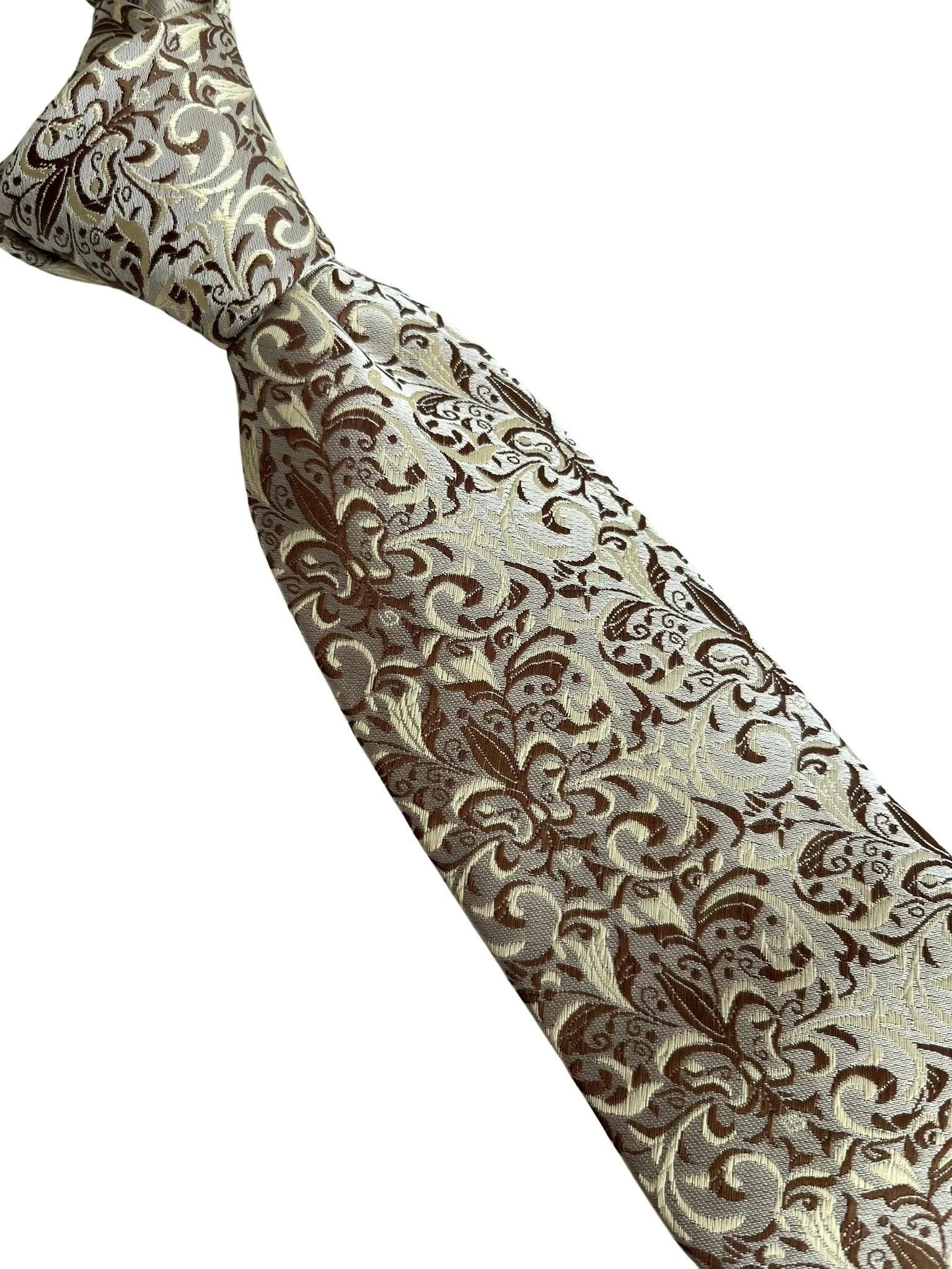 Frederick Thomas Fleur De Lis Floral Design Tie - Handmade Regal Brown Gold And Cream Accent For Modern Business by Frederick Thomas Handmade Mens Ties