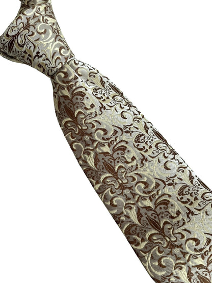 Frederick Thomas Fleur De Lis Floral Design Tie - Handmade Regal Brown Gold And Cream Accent For Modern Business by Frederick Thomas Handmade Mens Ties