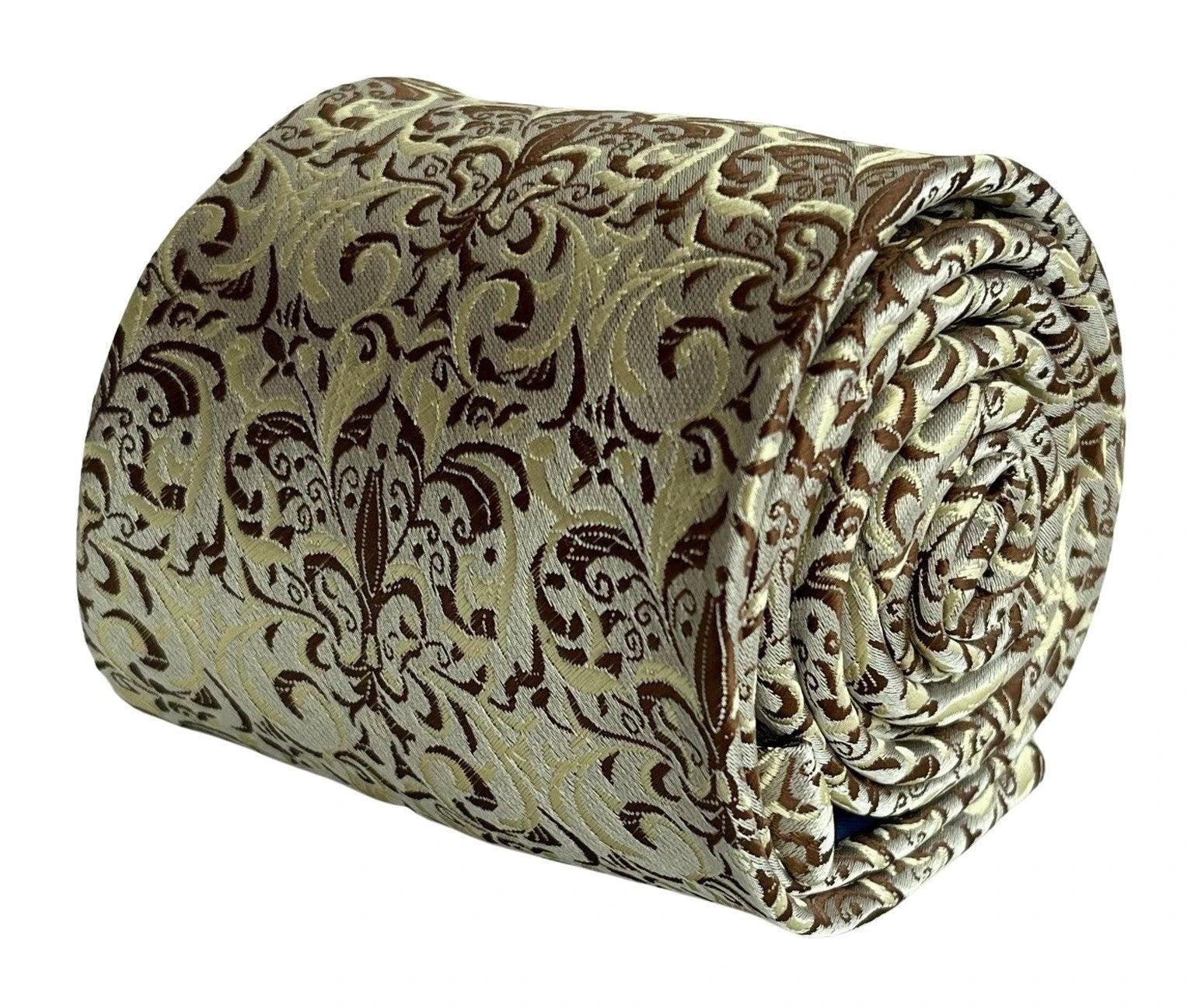 Frederick Thomas Fleur De Lis Floral Design Tie - Handmade Regal Brown Gold And Cream Accent For Modern Business by Frederick Thomas Handmade Mens Ties